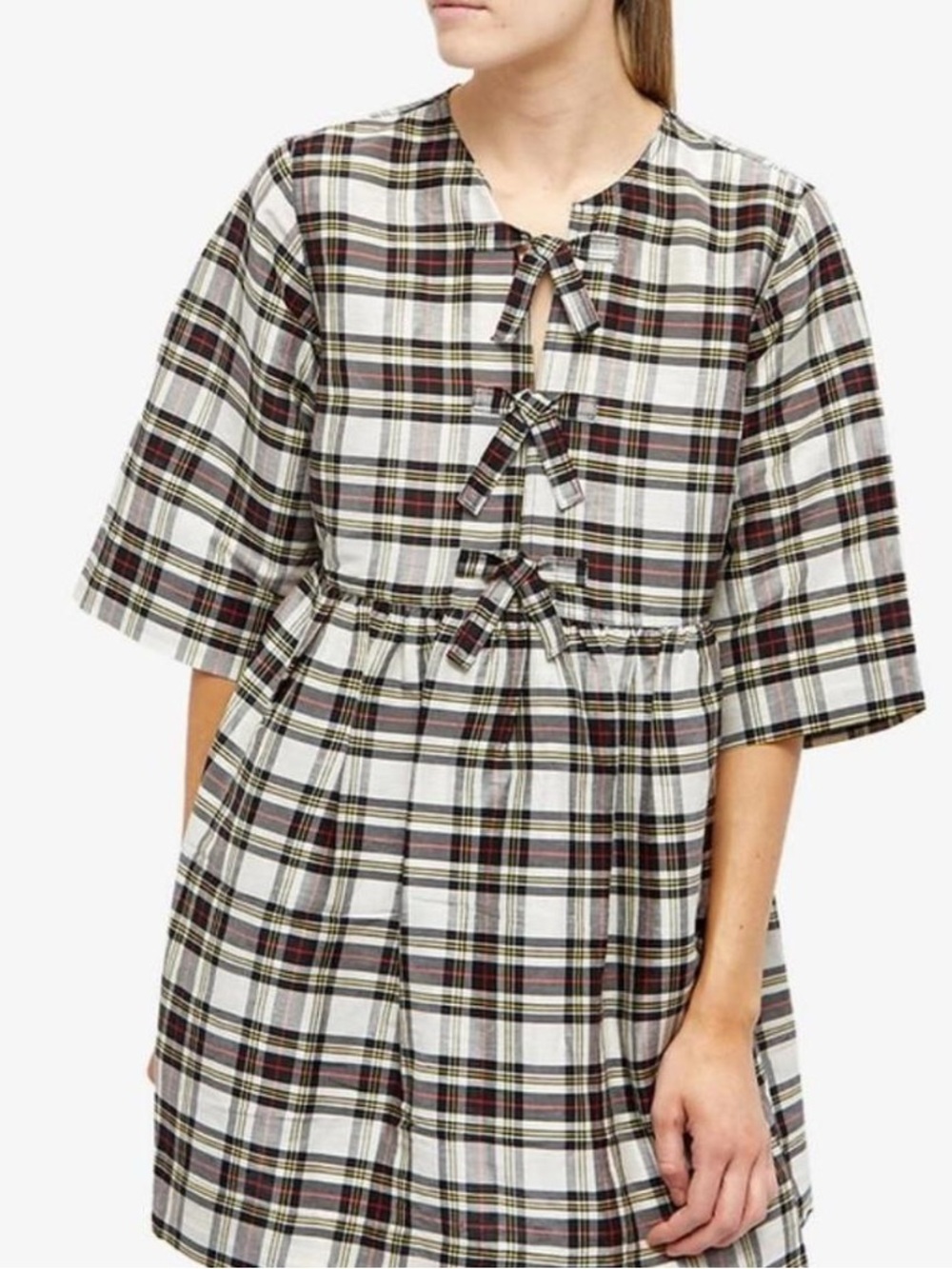 GANNI Silk Linen Check Ribbon Tie-Front Mini Dress Egret Sz 4